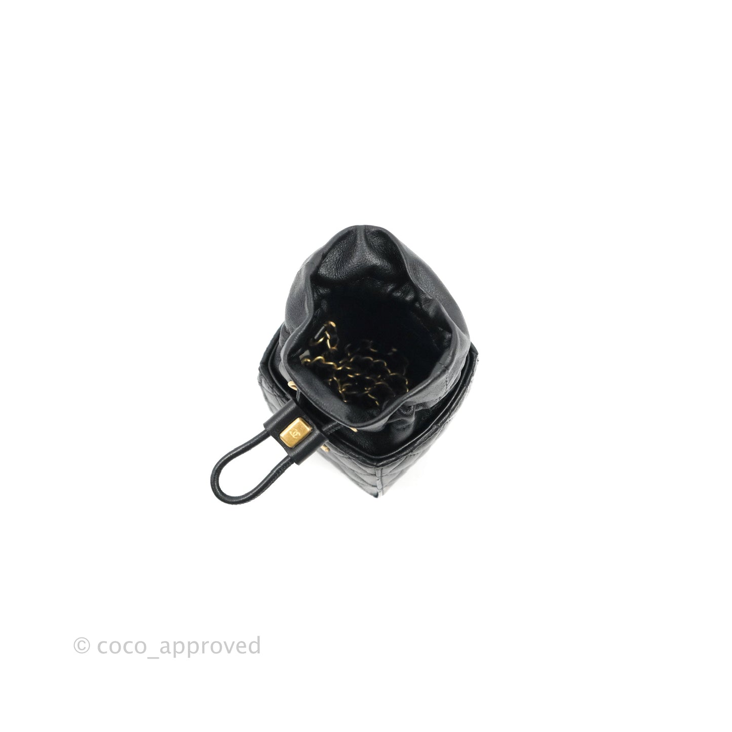 Chanel Mini Drawstring Bucket Bag with Chain Black Calfskin Aged Gold Hardware