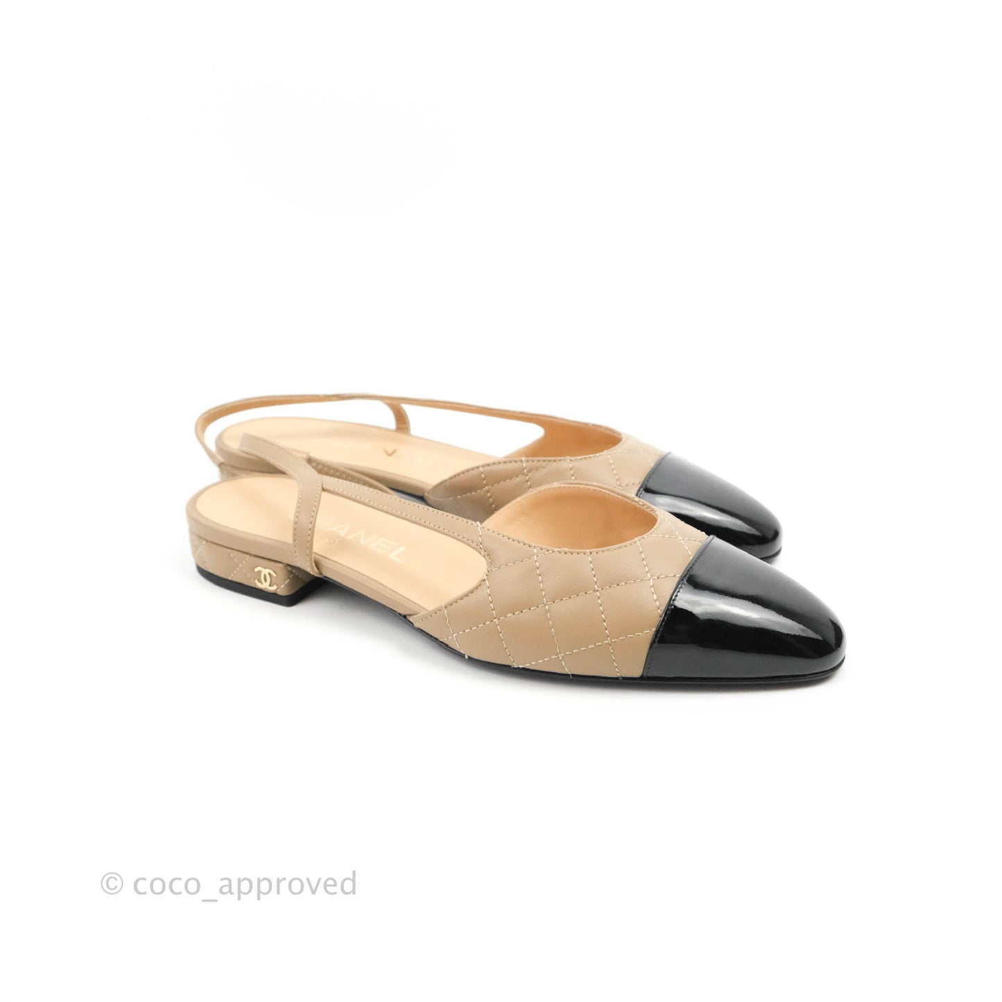 Chanel Patent Calfskin Black & Quilted Beige Lambskin Slingbacks Size 36.5