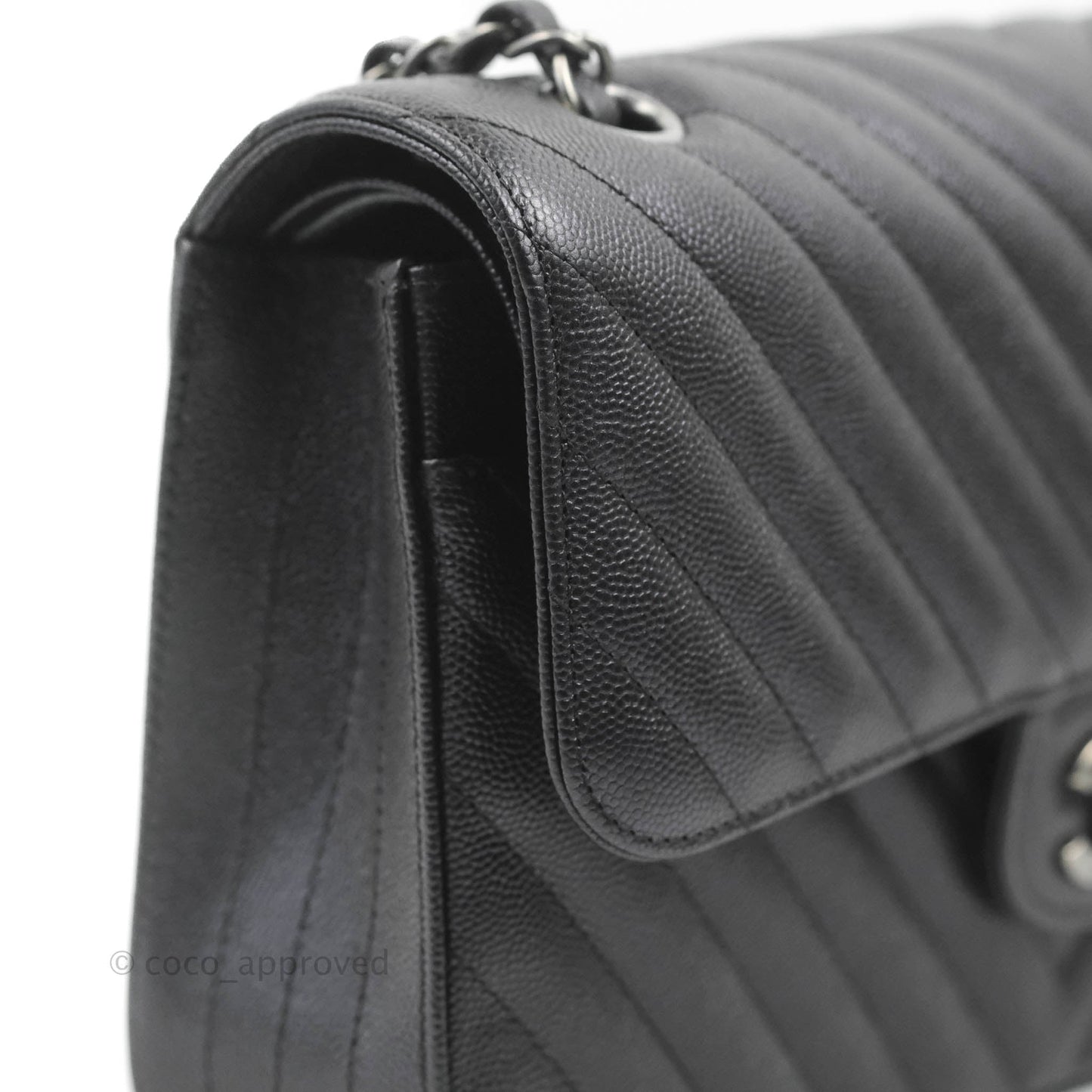 Chanel Classic M/L Medium Chevron Double Flap Iridescent Black Caviar Ruthenium Hardware 17B