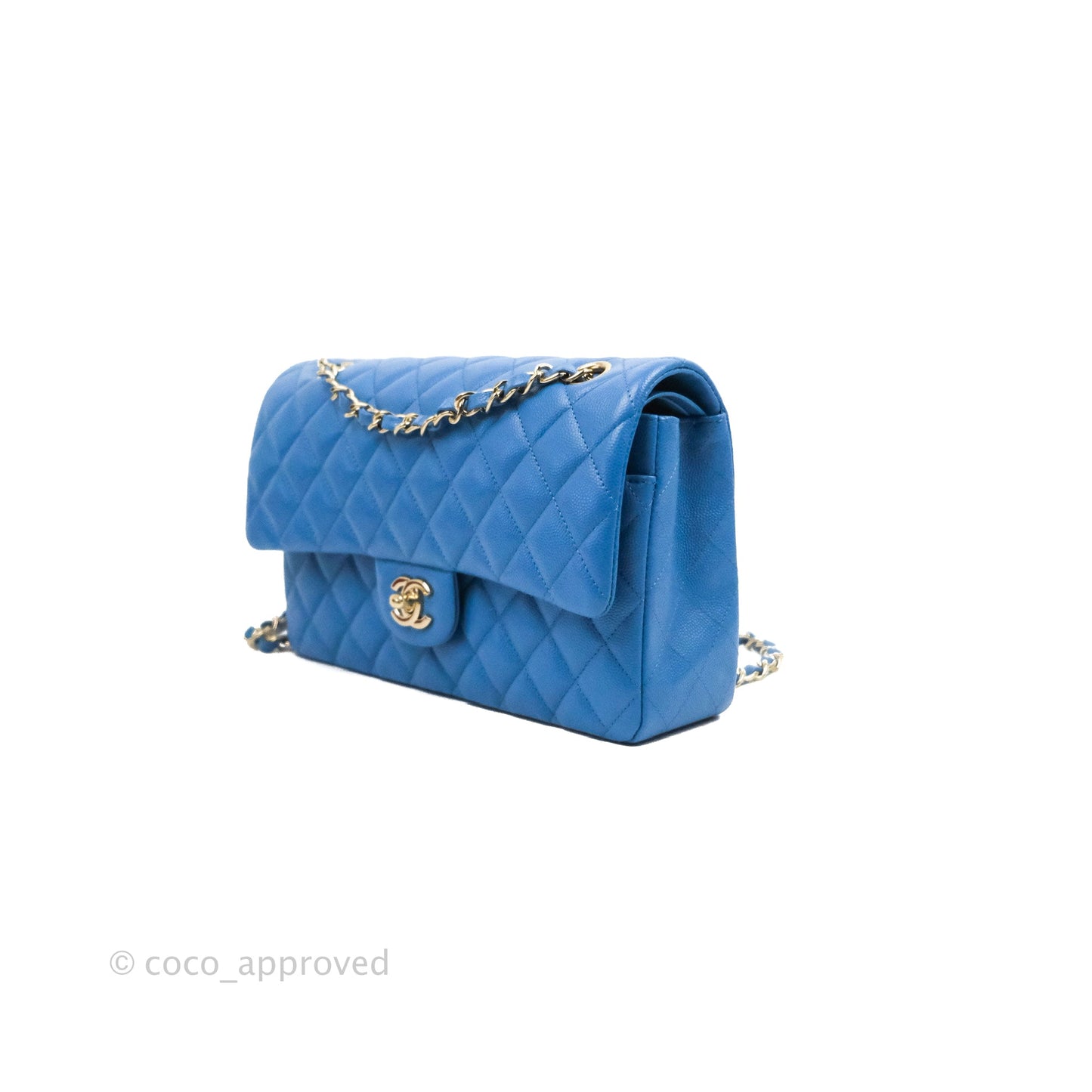 Chanel Classic M/L Medium Flap Quilted Blue Caviar Gold Hardware 21P