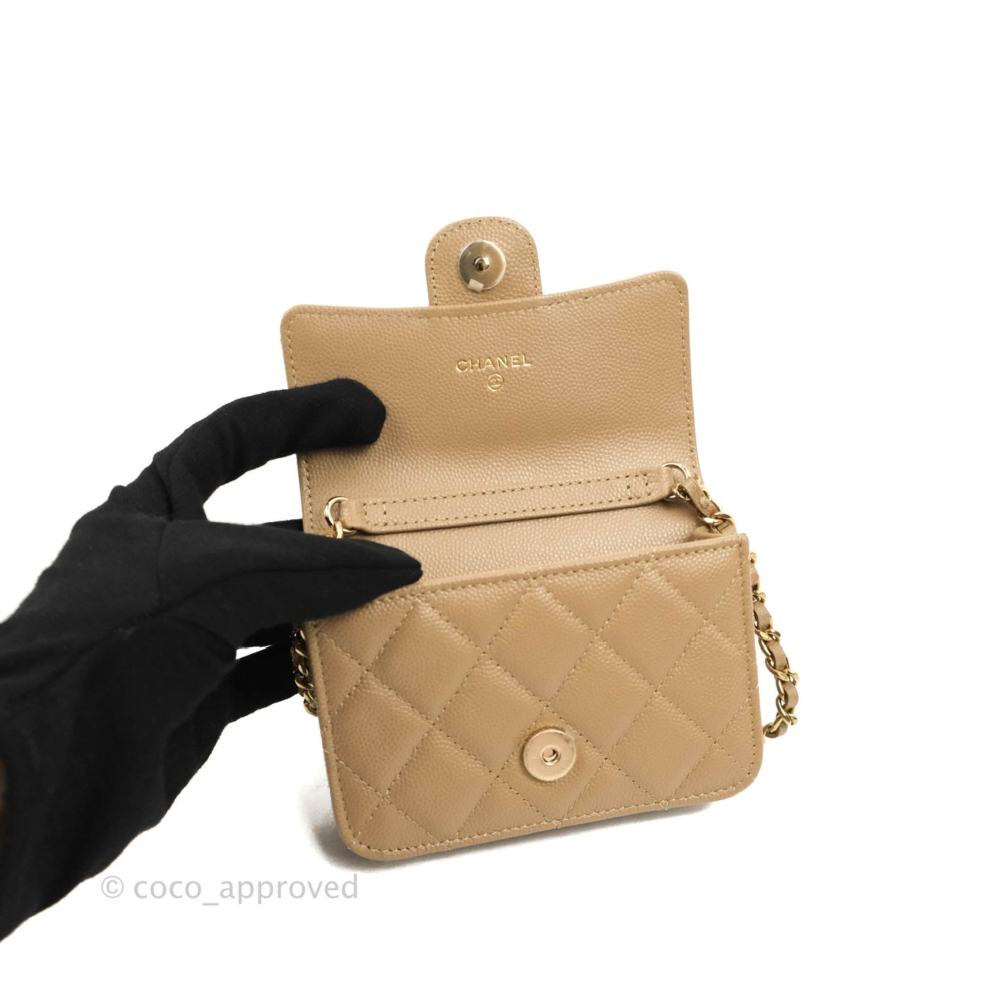 Chanel Mini Wallet With Chain Dark Beige Caviar Gold Hardware