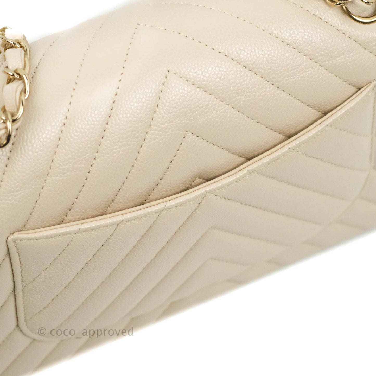 Chanel Classic M/L Medium Double Flap Chevron Ivory Caviar Gold Hardware