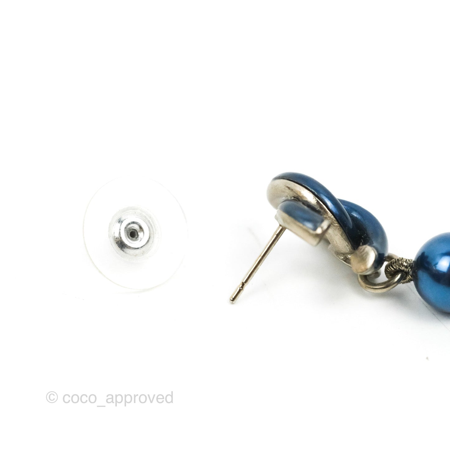 Chanel CC Blue Pearl Drop Earrings Silver Tone 18S