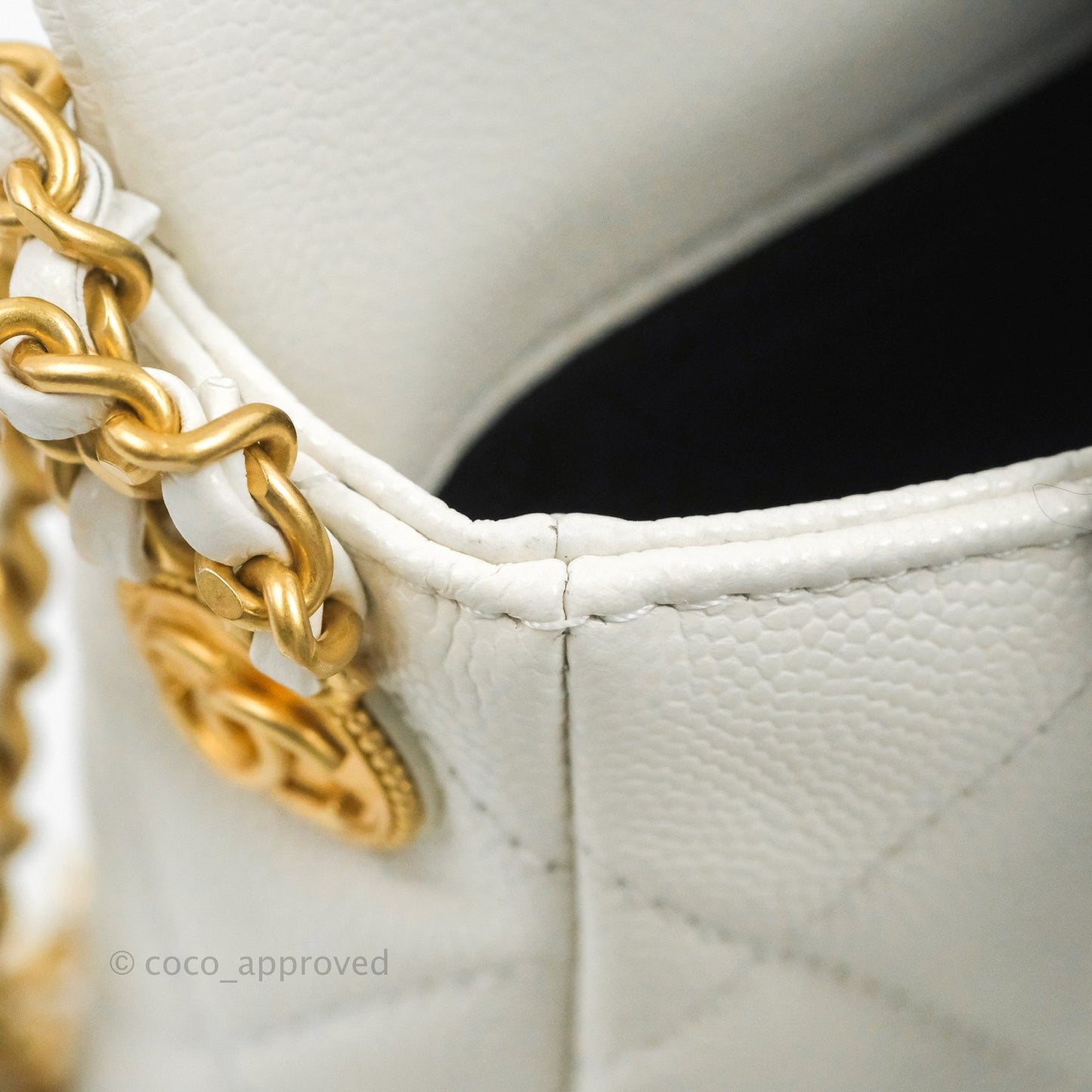 Chanel Mini Flap with Coin Charm White Caviar Aged Gold Hardware 22A