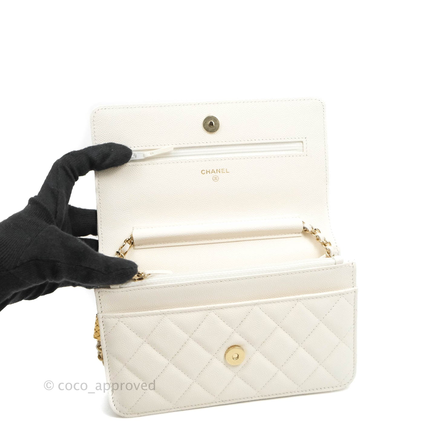 Chanel Quilted WOC White Caviar Gold Hardware With Charms