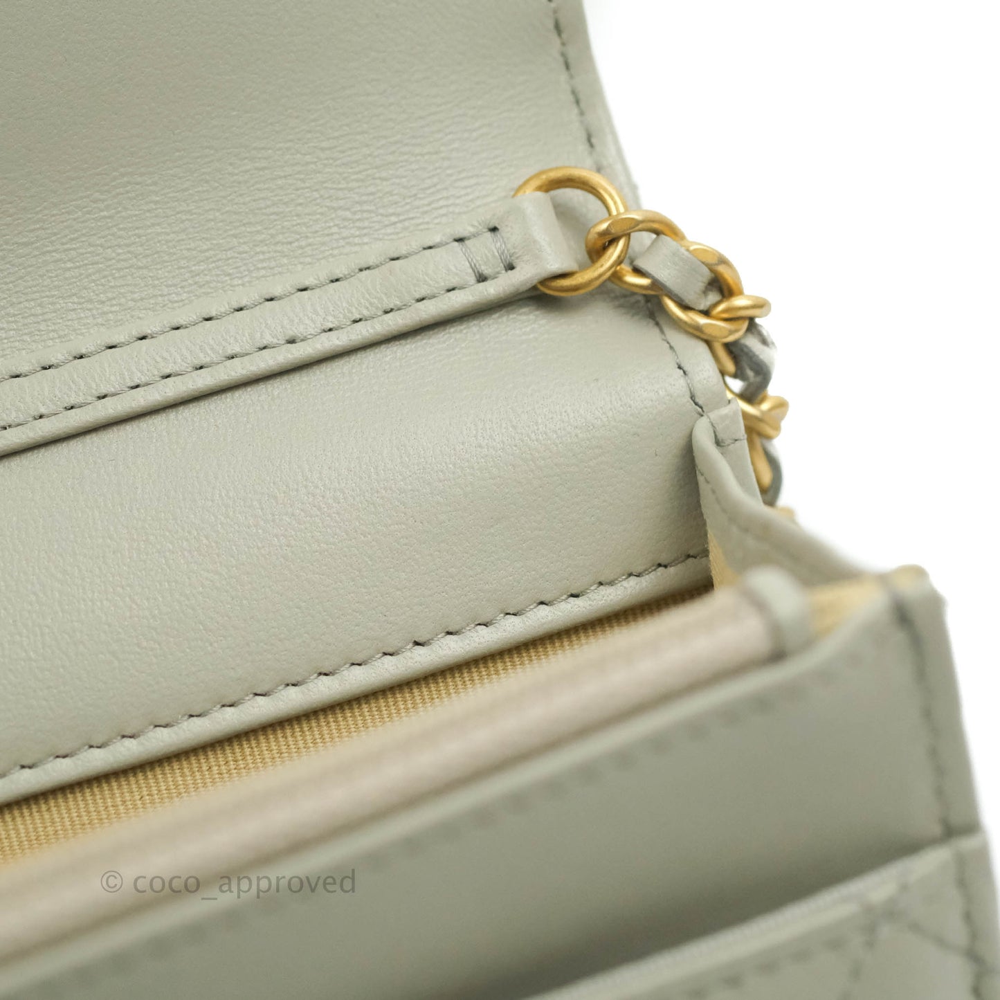 Chanel Quilted Pearl Crush Wallet on Chain WOC Light Grey Lambskin Aged Gold Hardware 22C