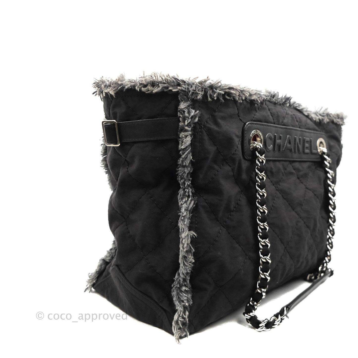 Chanel Quilted Trim Tweed Tote Black Fabric Silver Hardware