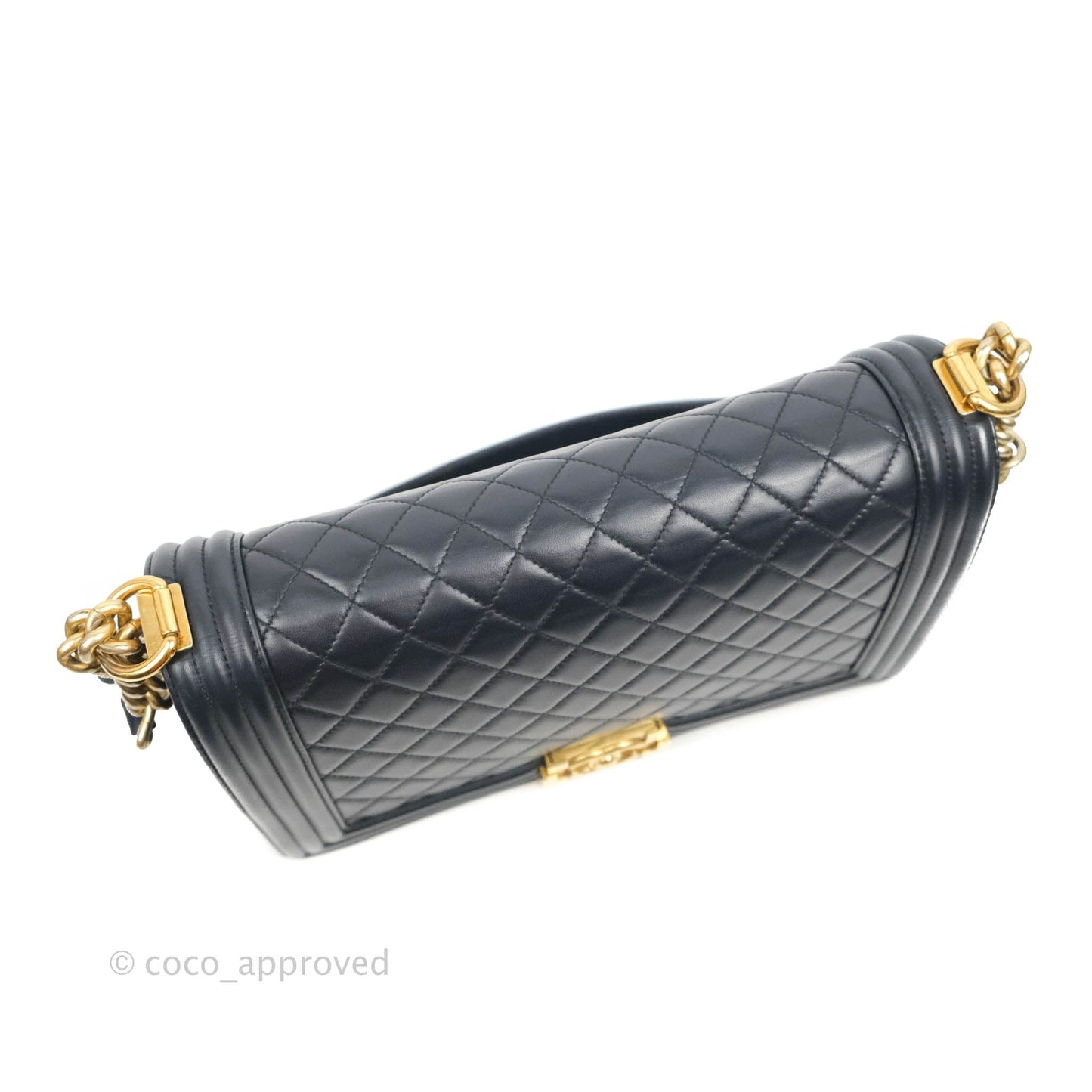 Chanel Quilted New Medium Boy Navy Lambskin Aged Gold Hardware