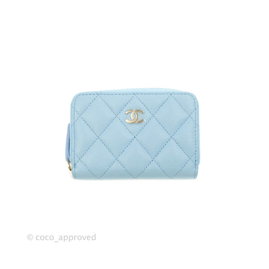 Chanel Classic Zipped Coin Purse Light Blue Caviar Gold Hardware