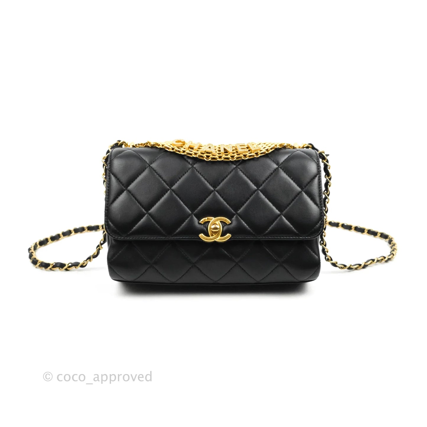 Chanel Quilted Small Flap Bag with CC Crystal Logo Handle Black Lambskin Aged Gold Hardware