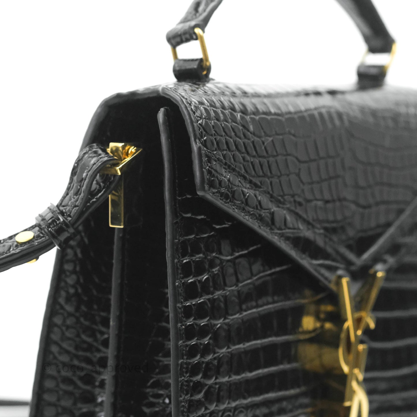Saint Lauren Cassandra Mini Top Handle Bag Black Crocodile-embossed Shiny Calfskin