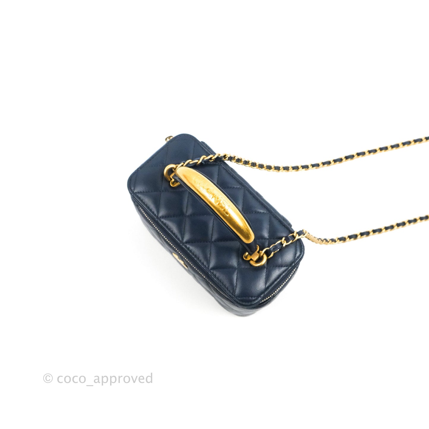 Chanel Vanity Rectangular Metal Top Handle Navy Lambskin Aged Gold Hardware 22B