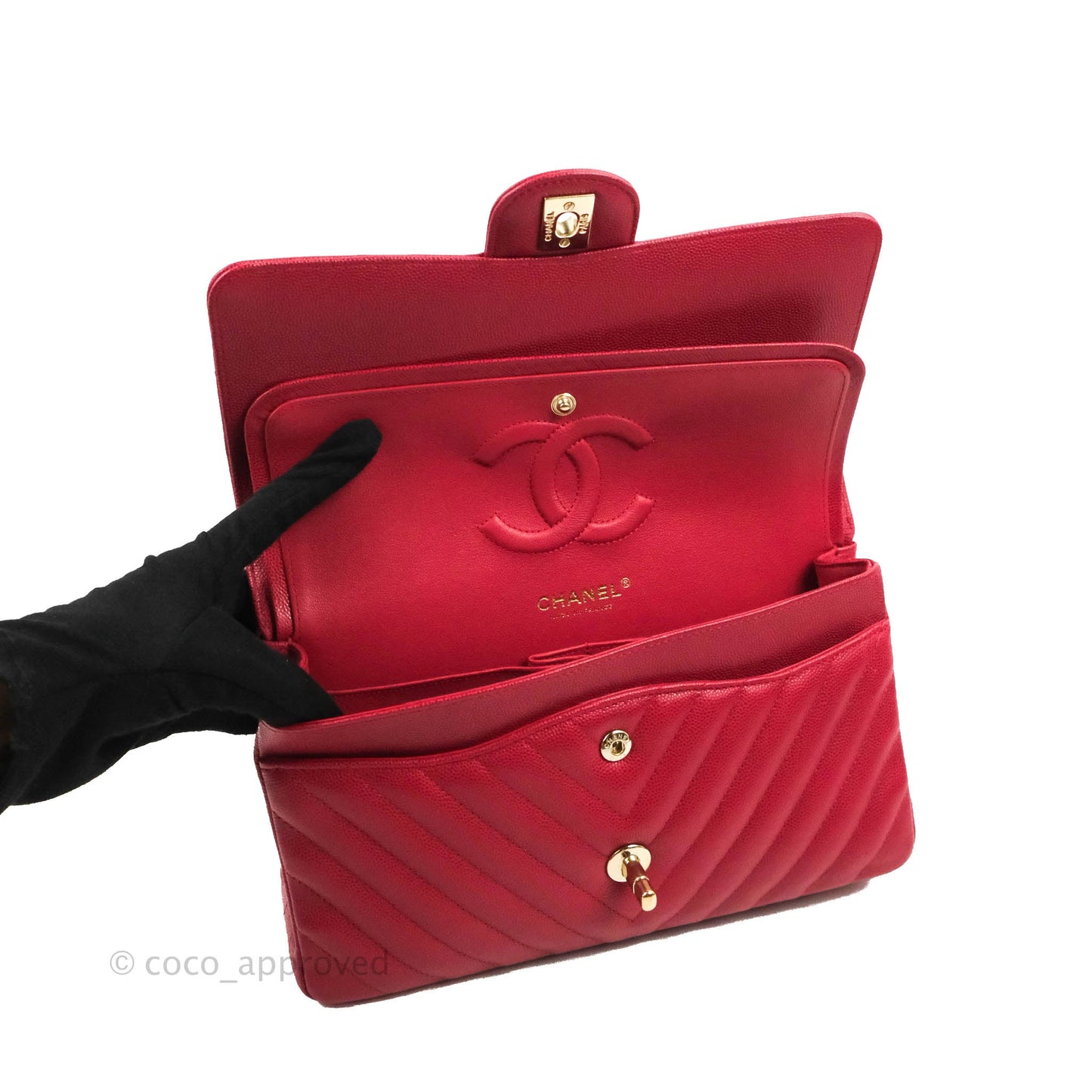 Chanel Classic M/L Medium Chevron Double Flap Cherry Red Caviar Gold Hardware