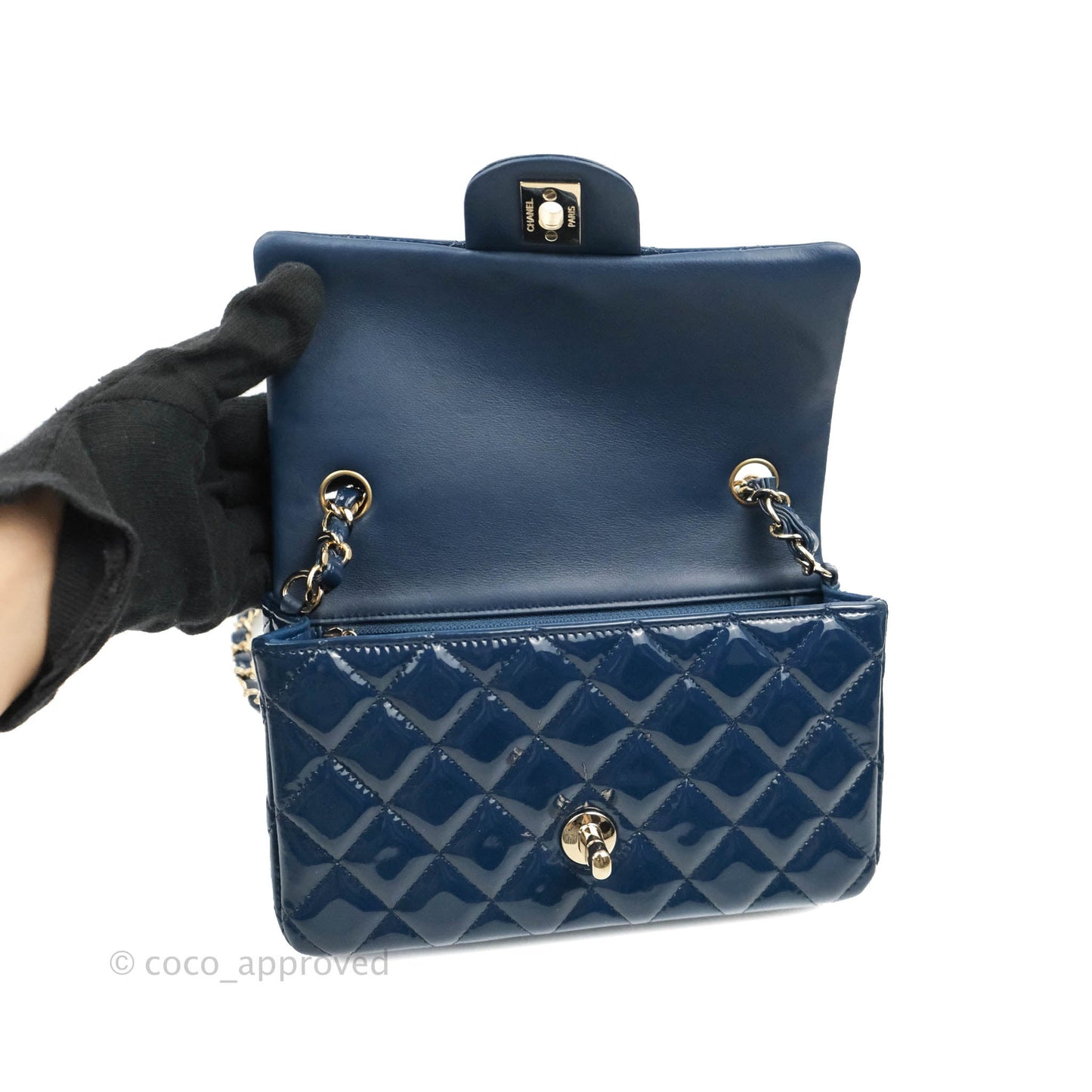 Chanel Quilted Mini Rectangular Flap Navy Patent Leather Gold Hardware