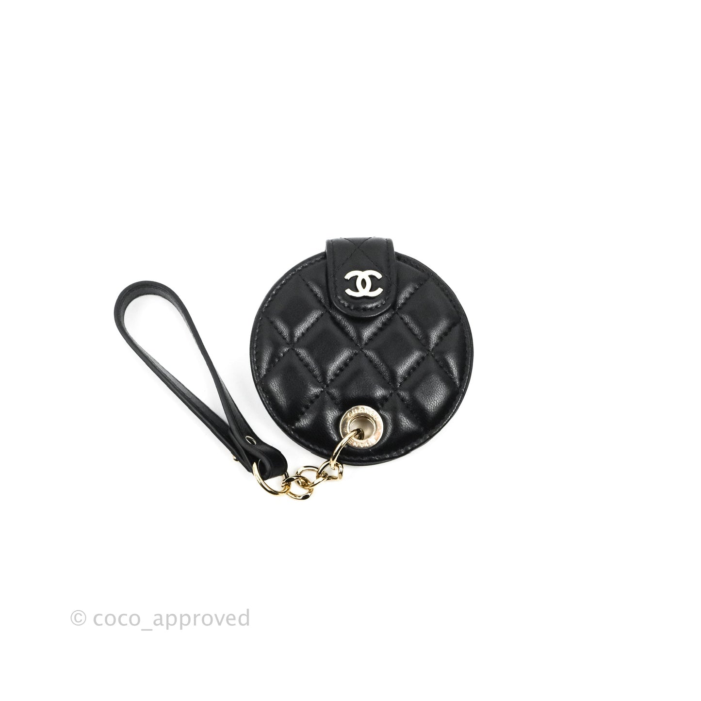 Chanel Quilted Round Luggage Tag Black Lambskin Gold Hardware