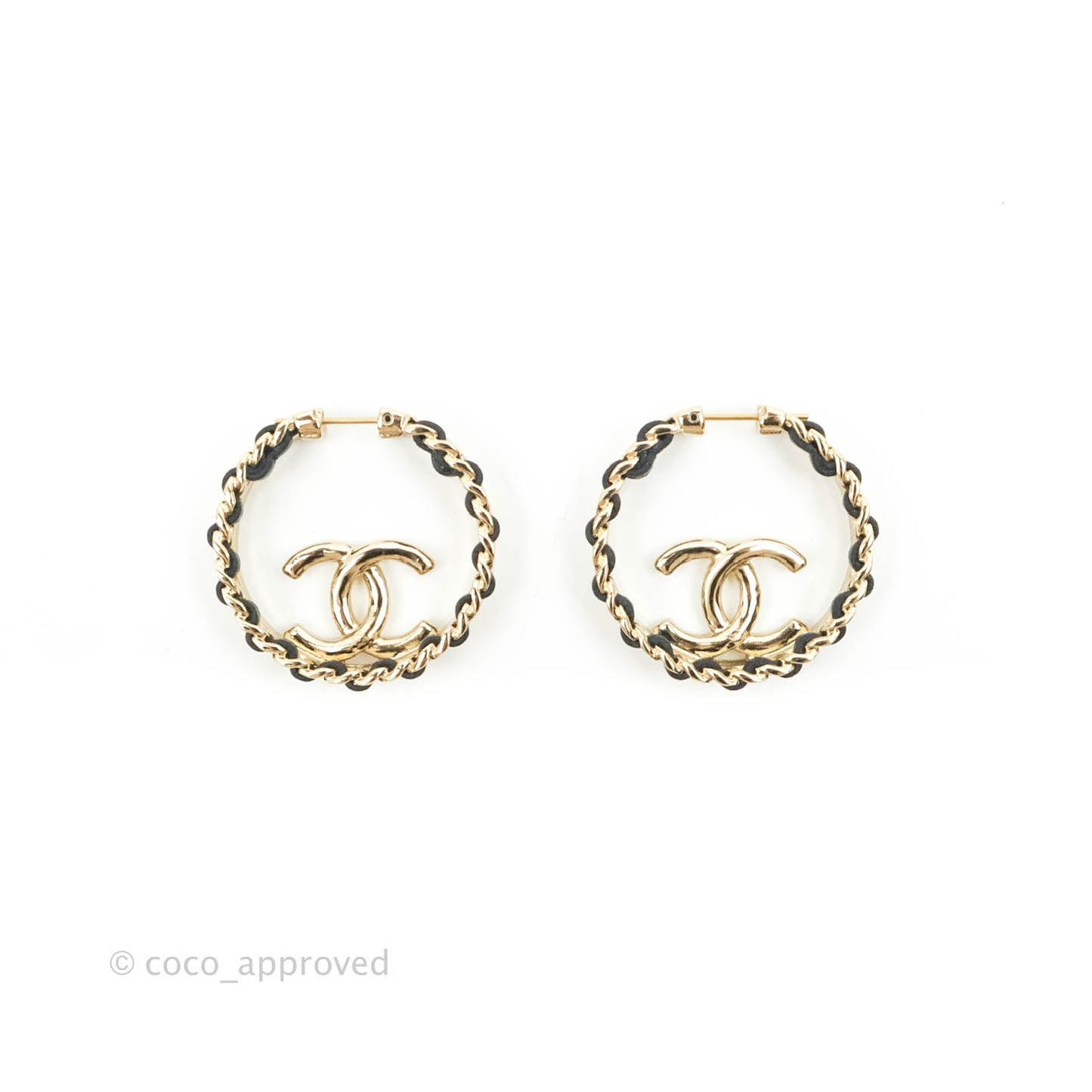 Chanel Gold Hoop Black Leather CC Earrings 22P