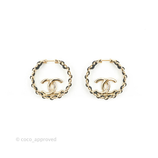 Chanel Gold Hoop Black Leather CC Earrings 22P