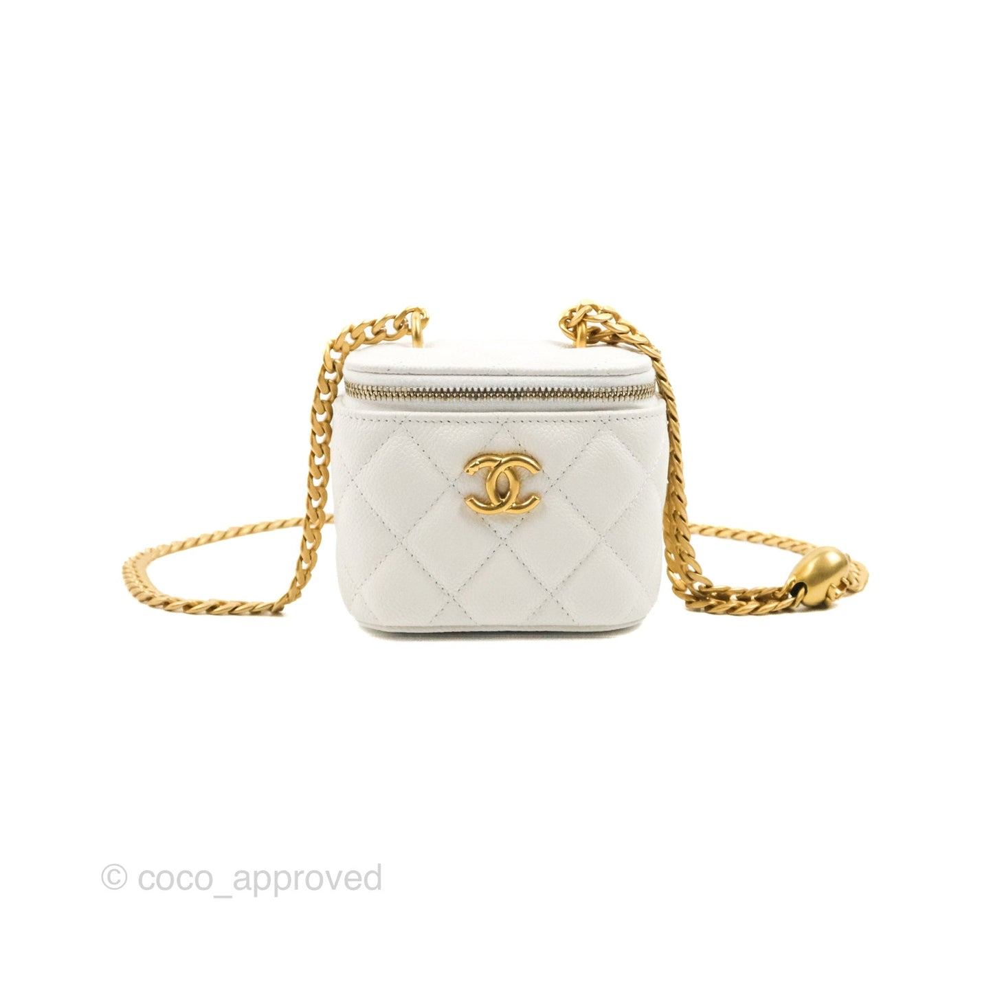 Chanel Quilted Heart Crush Mini Vanity With Chain White Caviar Aged Gold Hardware