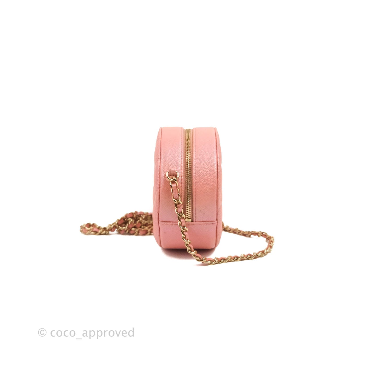 Chanel Classic Quilted Round Clutch With Chain Iridescent Pink Caviar Gold Hardware 19S