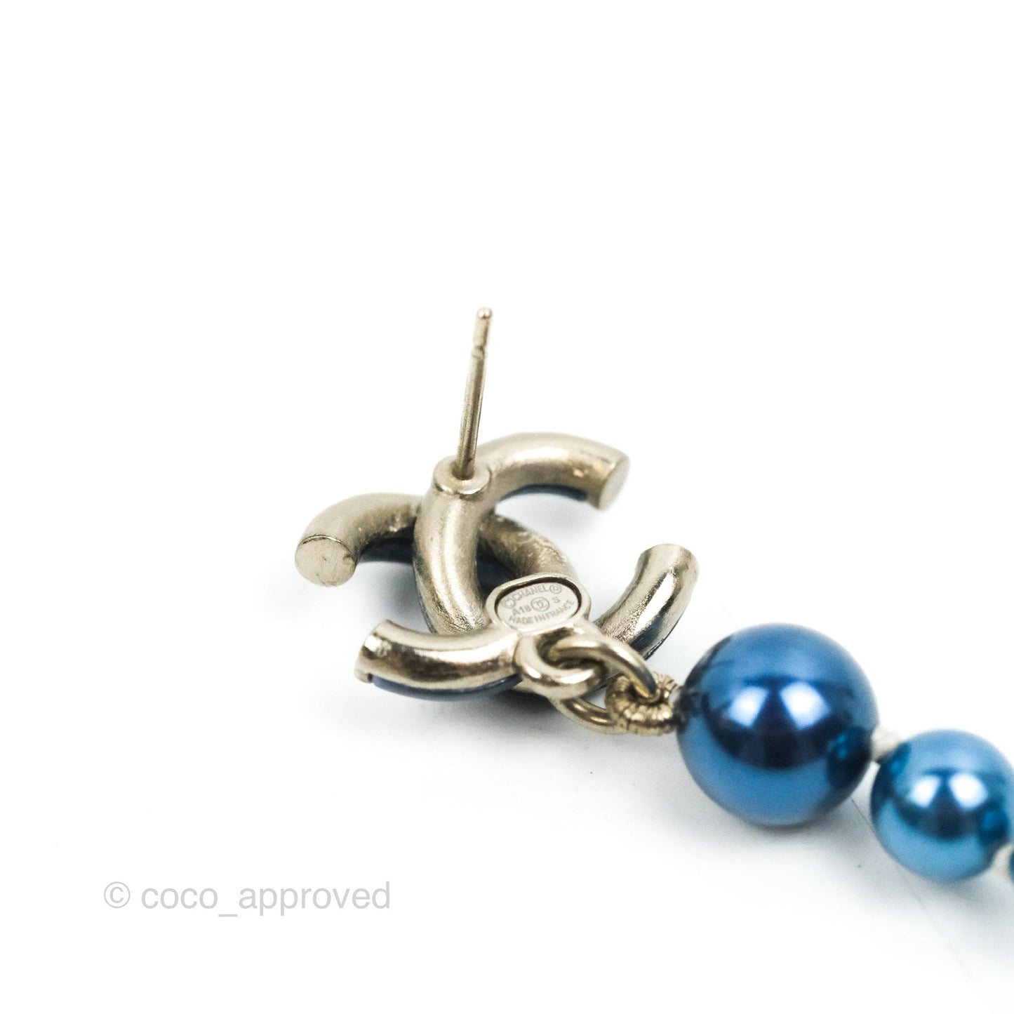 Chanel CC Blue Pearl Drop Earrings Silver Tone 18S