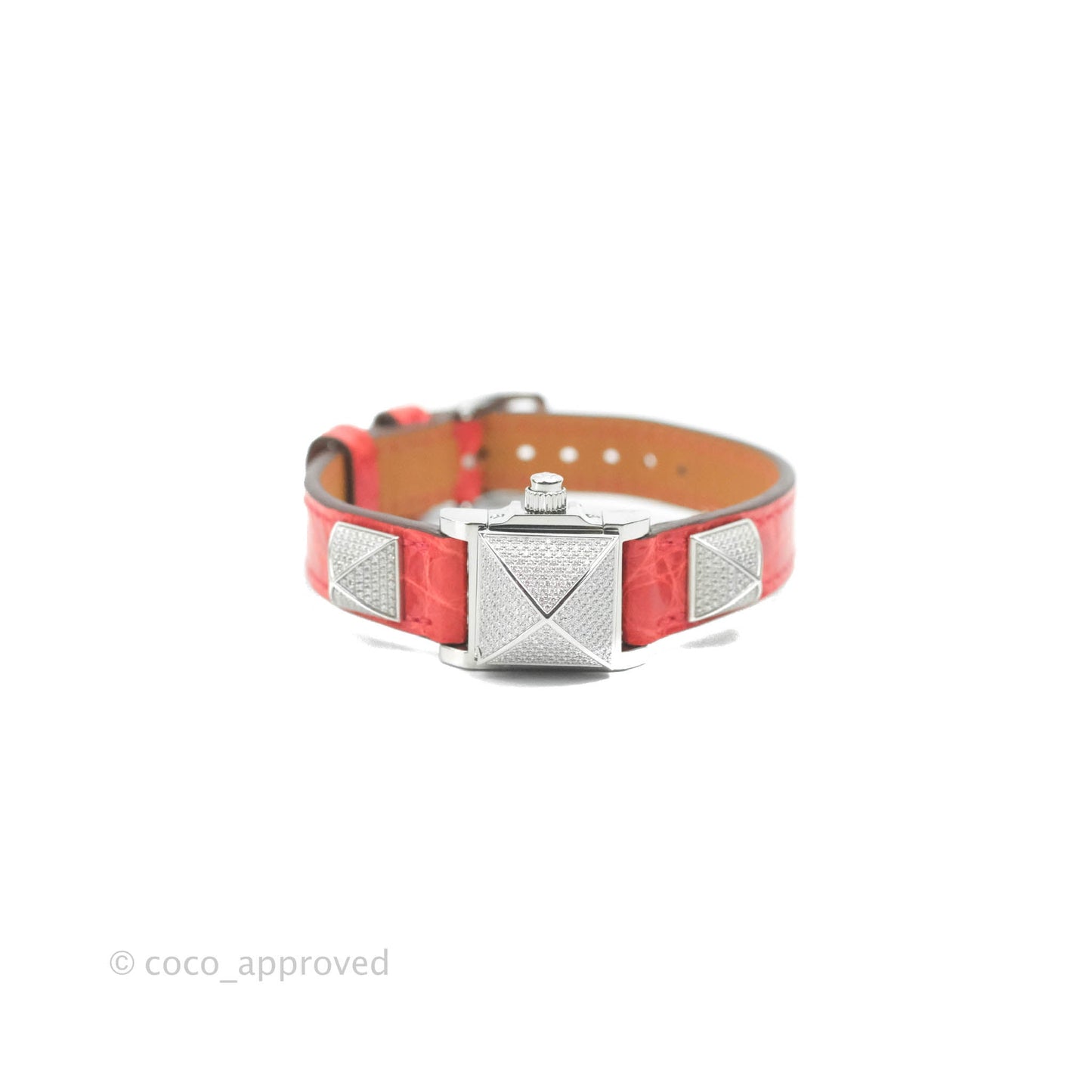 Hermes Pave Diamond Medor Red Crocodile Watch Bracelet Palladium Hardware