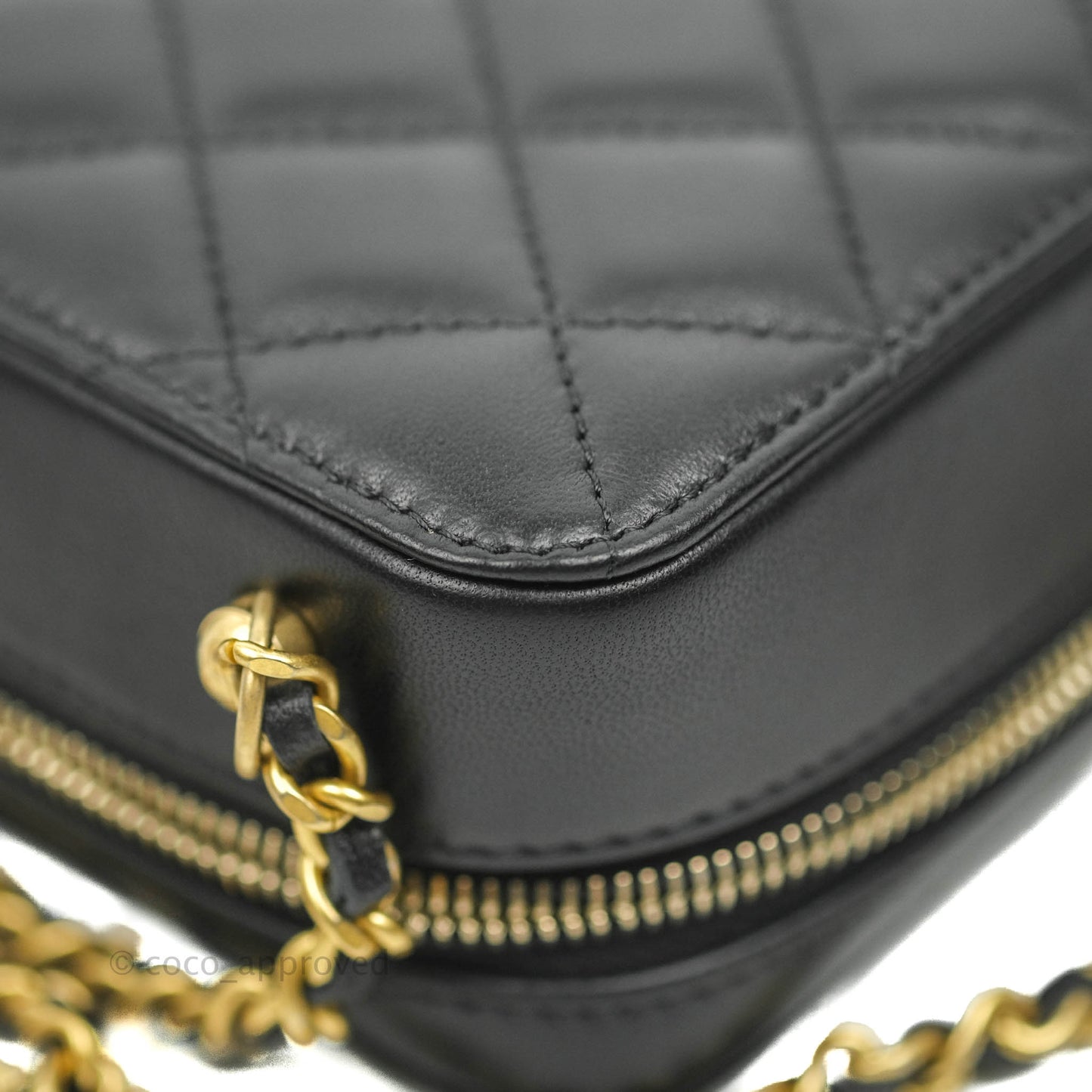 Chanel Mini Pearl Crush Quilted Camera Case Black Lambskin Aged Gold Hardware