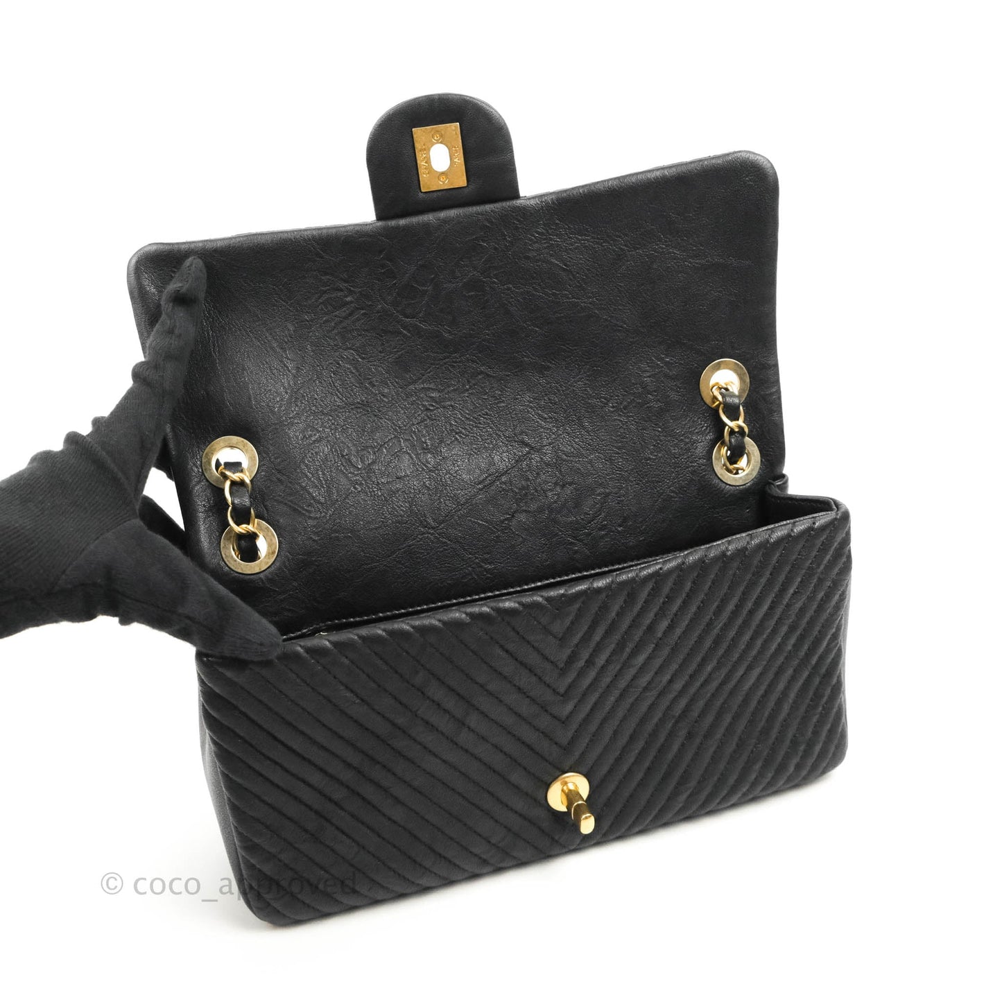 Chanel Medium Chevron Surpique Flap Black Calfskin Aged Gold Hardware