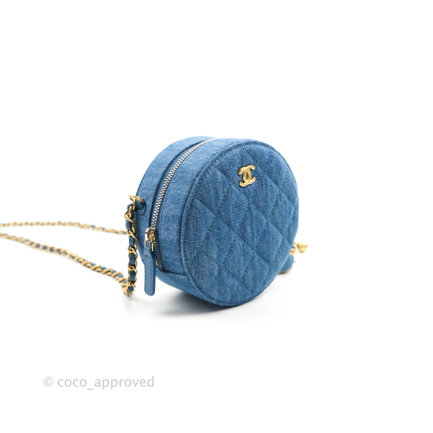 Chanel Quilted Pearl Crush Round Clutch With Chain Denim Aged Gold Hardware