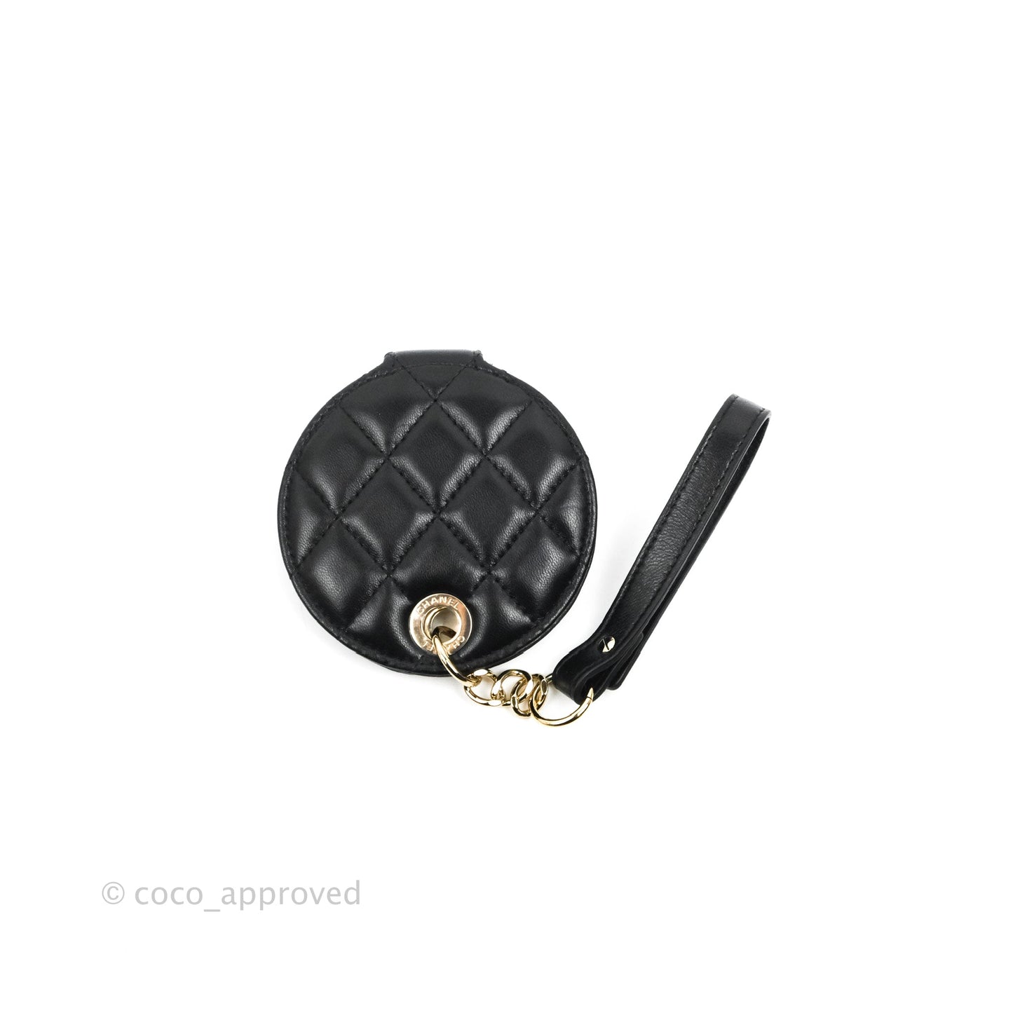 Chanel Quilted Round Luggage Tag Black Lambskin Gold Hardware