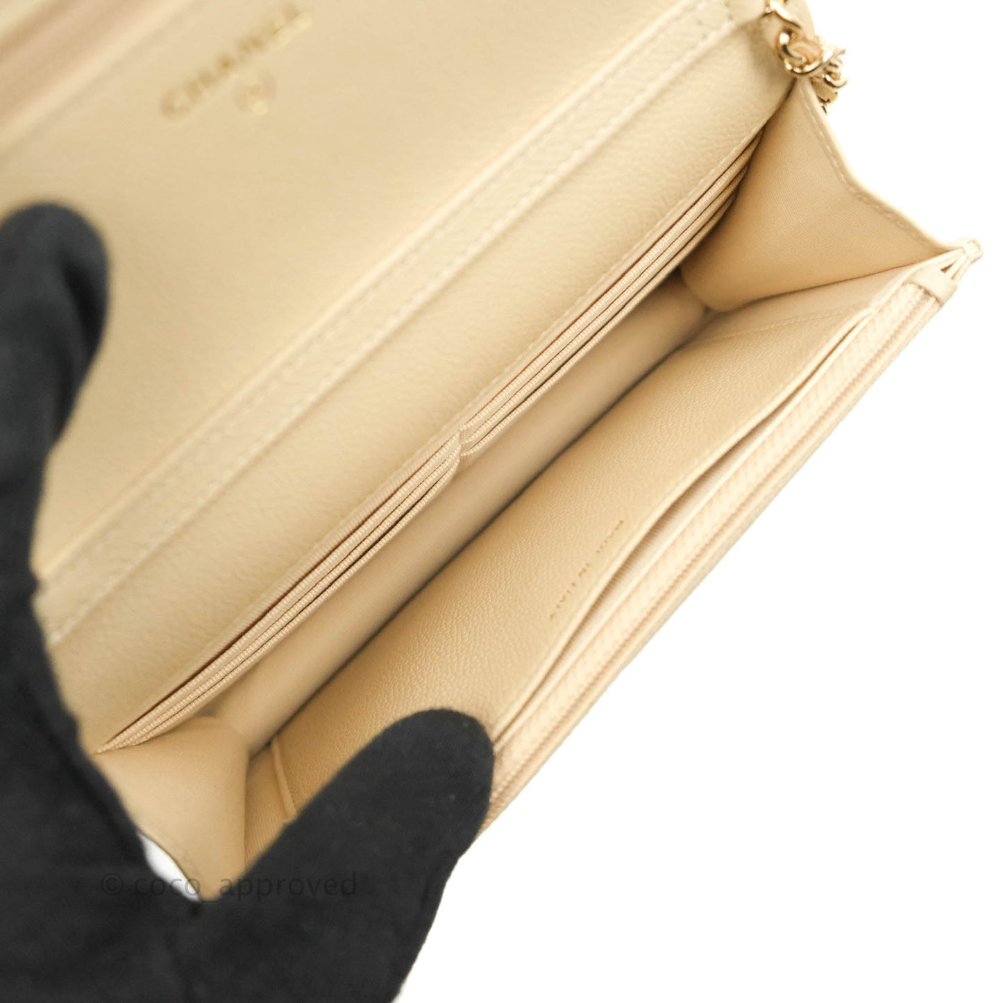Chanel Quilted Wallet on Chain WOC Beige Caviar Gold Hardware