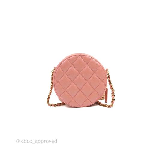 Chanel Classic Quilted Round Clutch With Chain Iridescent Pink Caviar Gold Hardware 19S