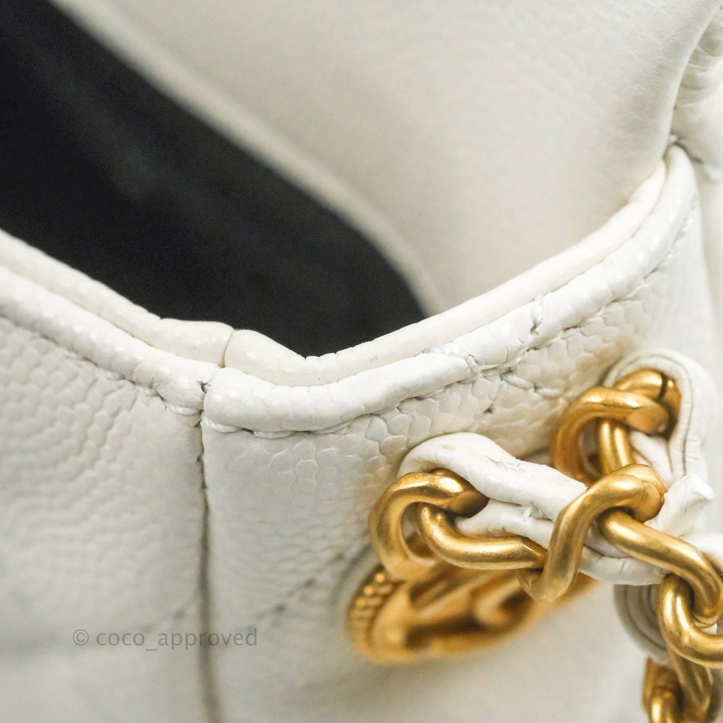 Chanel Mini Flap with Coin Charm White Caviar Aged Gold Hardware 22A