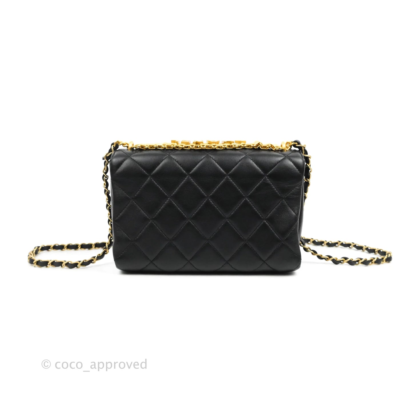 Chanel Quilted Small Flap Bag with CC Crystal Logo Handle Black Lambskin Aged Gold Hardware