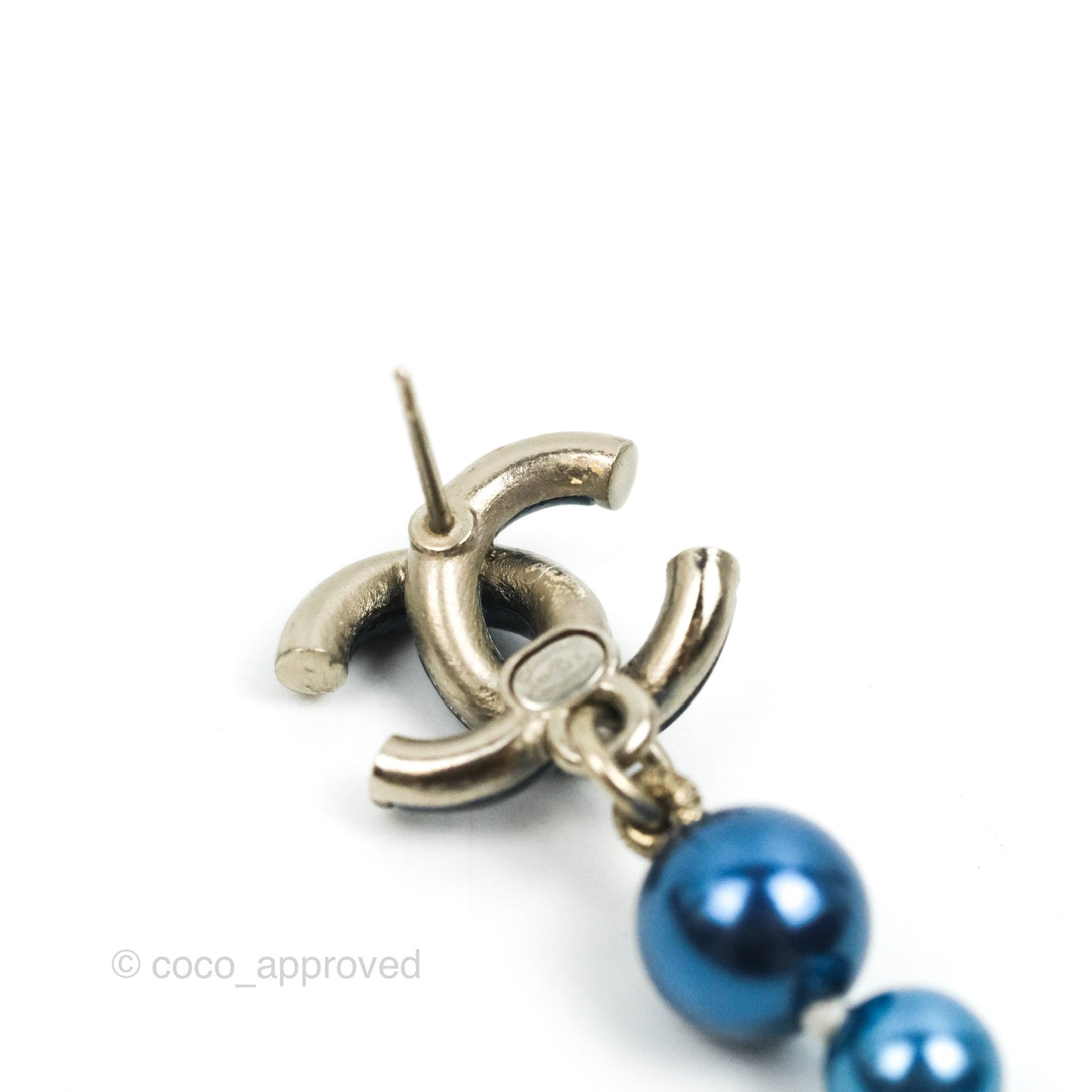 Chanel CC Blue Pearl Drop Earrings Silver Tone 18S