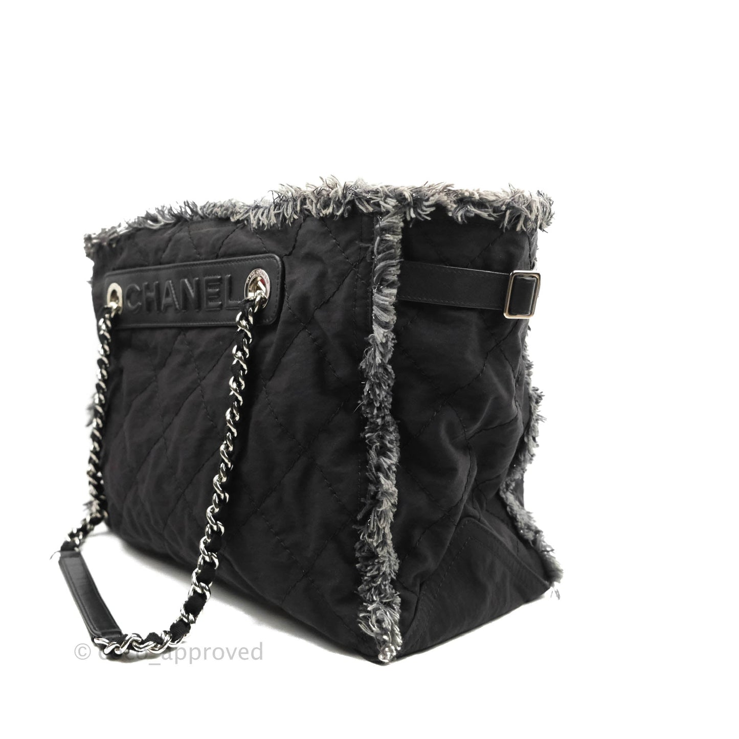 Chanel Quilted Trim Tweed Tote Black Fabric Silver Hardware