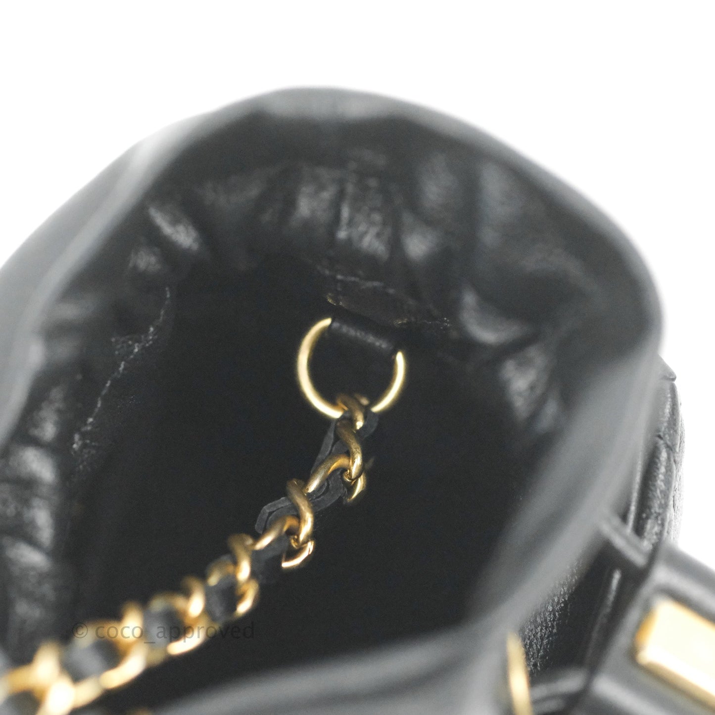 Chanel Mini Drawstring Bucket Bag with Chain Black Calfskin Aged Gold Hardware