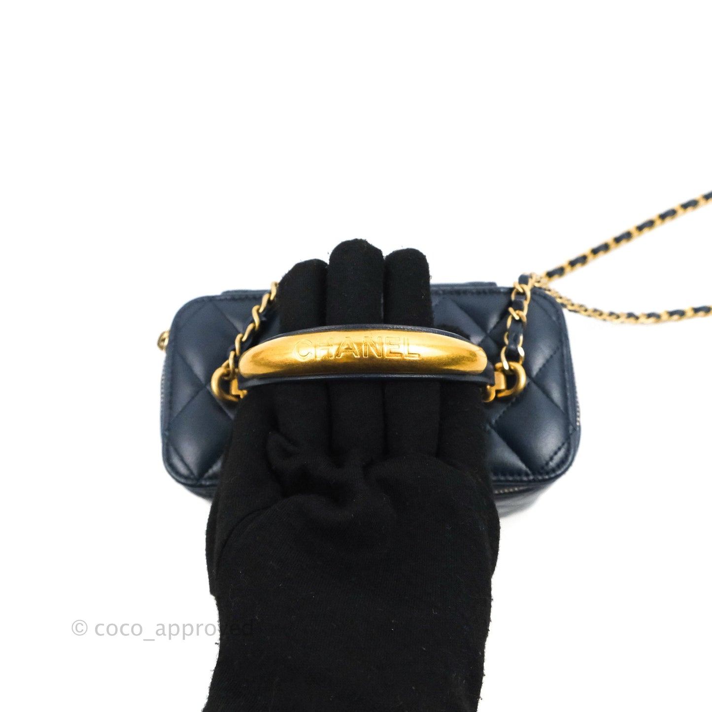 Chanel Vanity Rectangular Metal Top Handle Navy Lambskin Aged Gold Hardware 22B