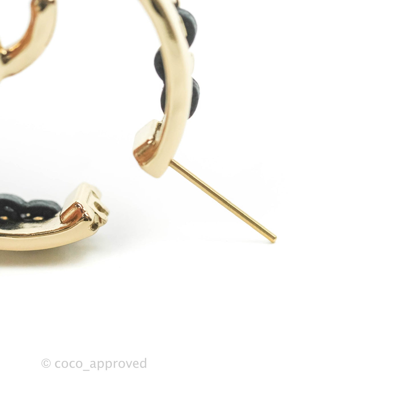 Chanel Gold Hoop Black Leather CC Earrings 22P