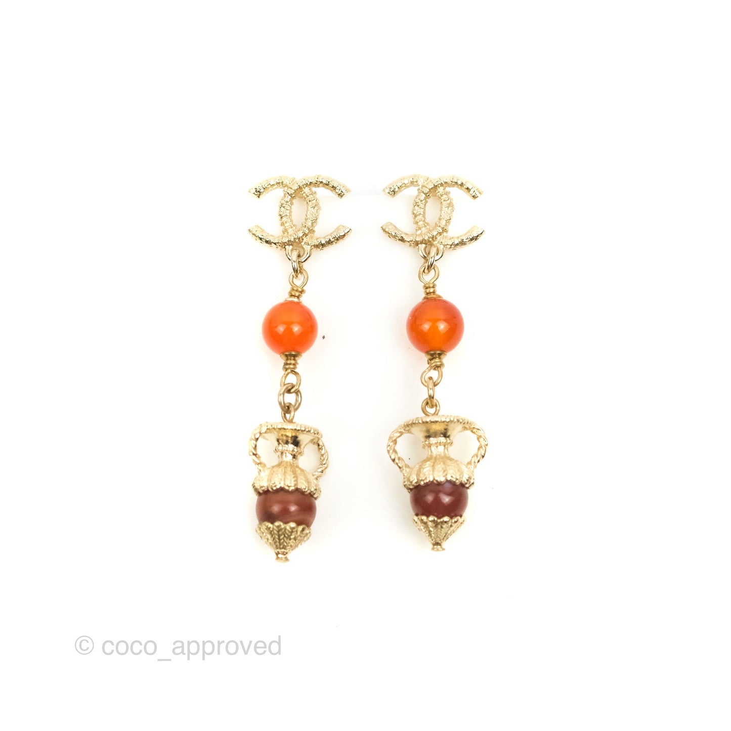 Chanel CC Orange Resin Long Drop Earrings Gold Tone 18C
