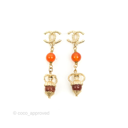 Chanel CC Orange Resin Long Drop Earrings Gold Tone 18C
