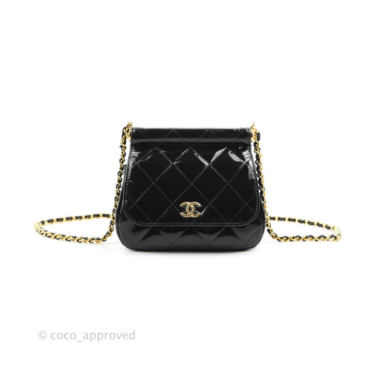 Chanel Quilted Clutch With Chain Patent Metal Black Gold Hardware