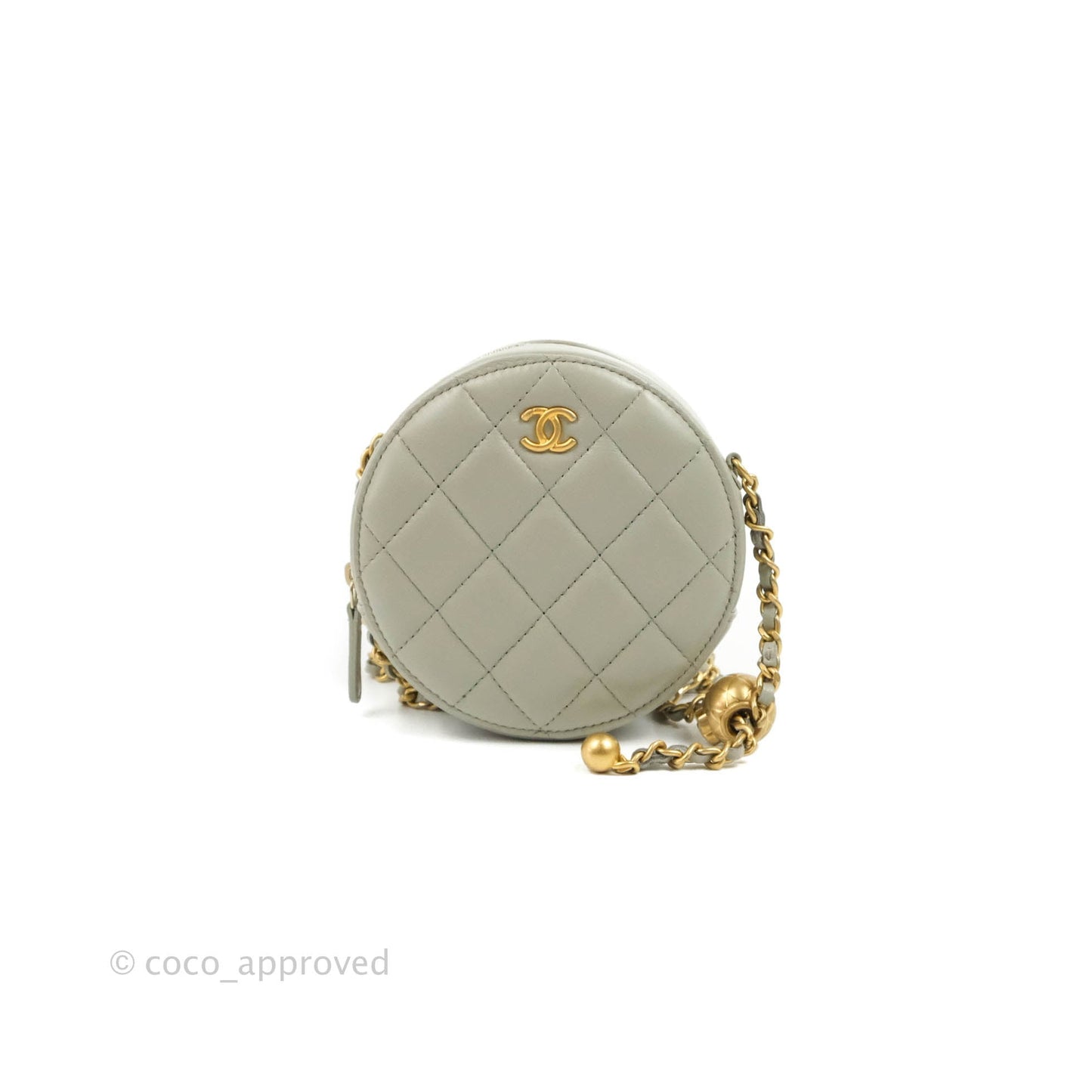 Chanel Quilted Round Pearl Crush Clutch With Chain Grey Lambskin Aged Gold Hardware