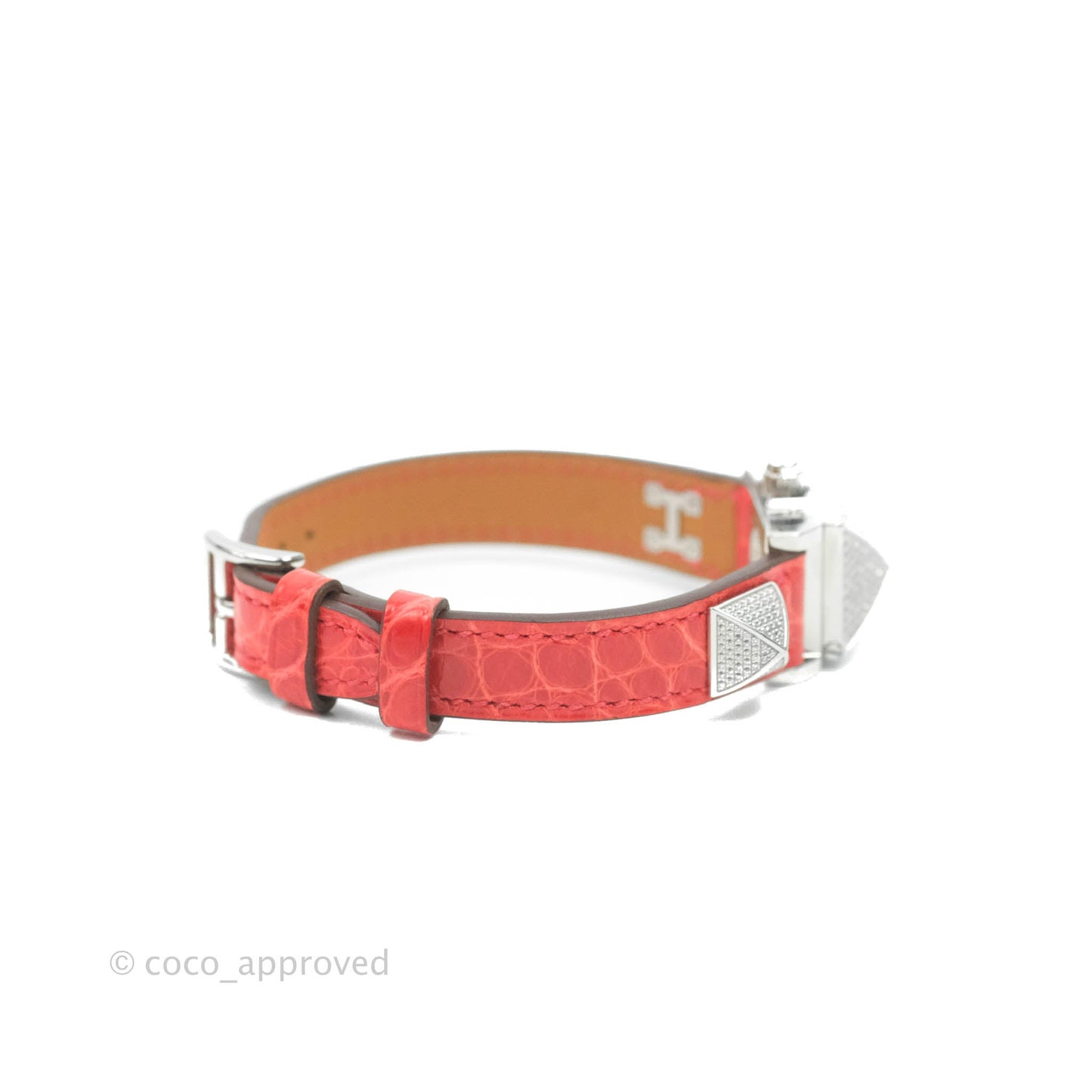 Hermes Pave Diamond Medor Red Crocodile Watch Bracelet Palladium Hardware