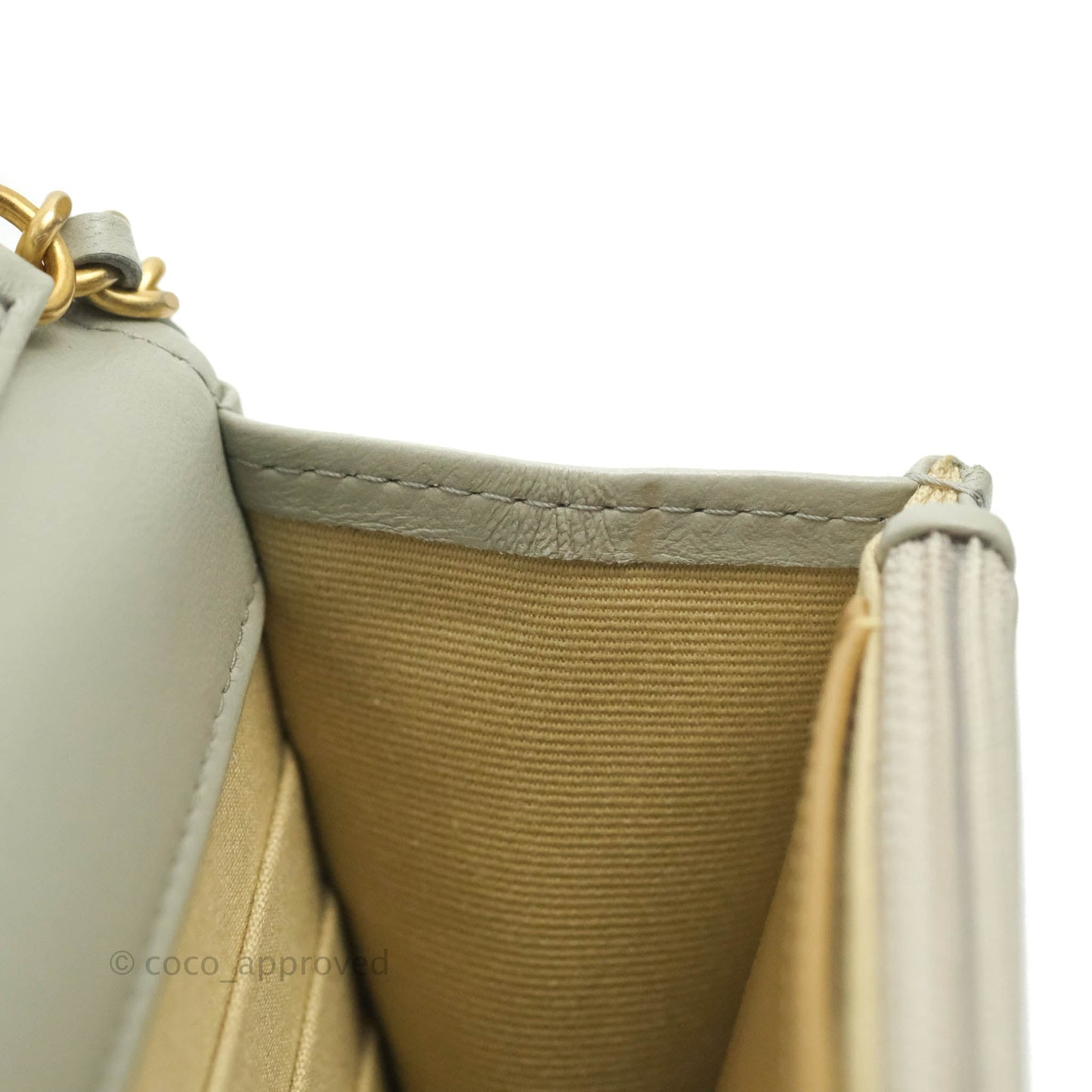 Chanel Quilted Pearl Crush Wallet on Chain WOC Light Grey Lambskin Aged Gold Hardware 22C