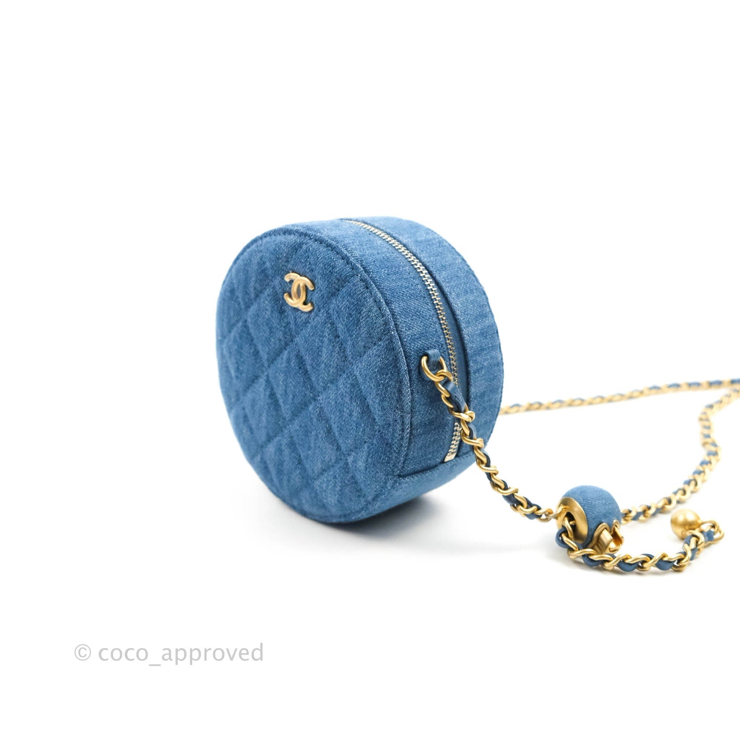 Chanel Quilted Pearl Crush Round Clutch With Chain Denim Aged Gold Hardware