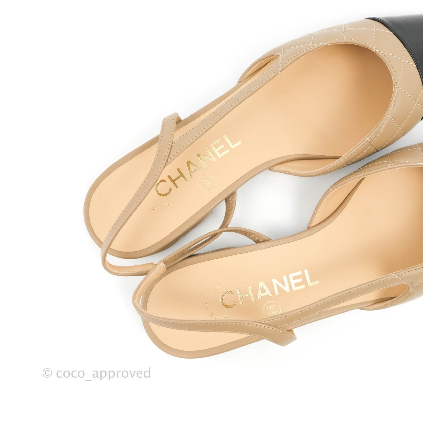 Chanel Patent Calfskin Black & Quilted Beige Lambskin Slingbacks Size 36.5