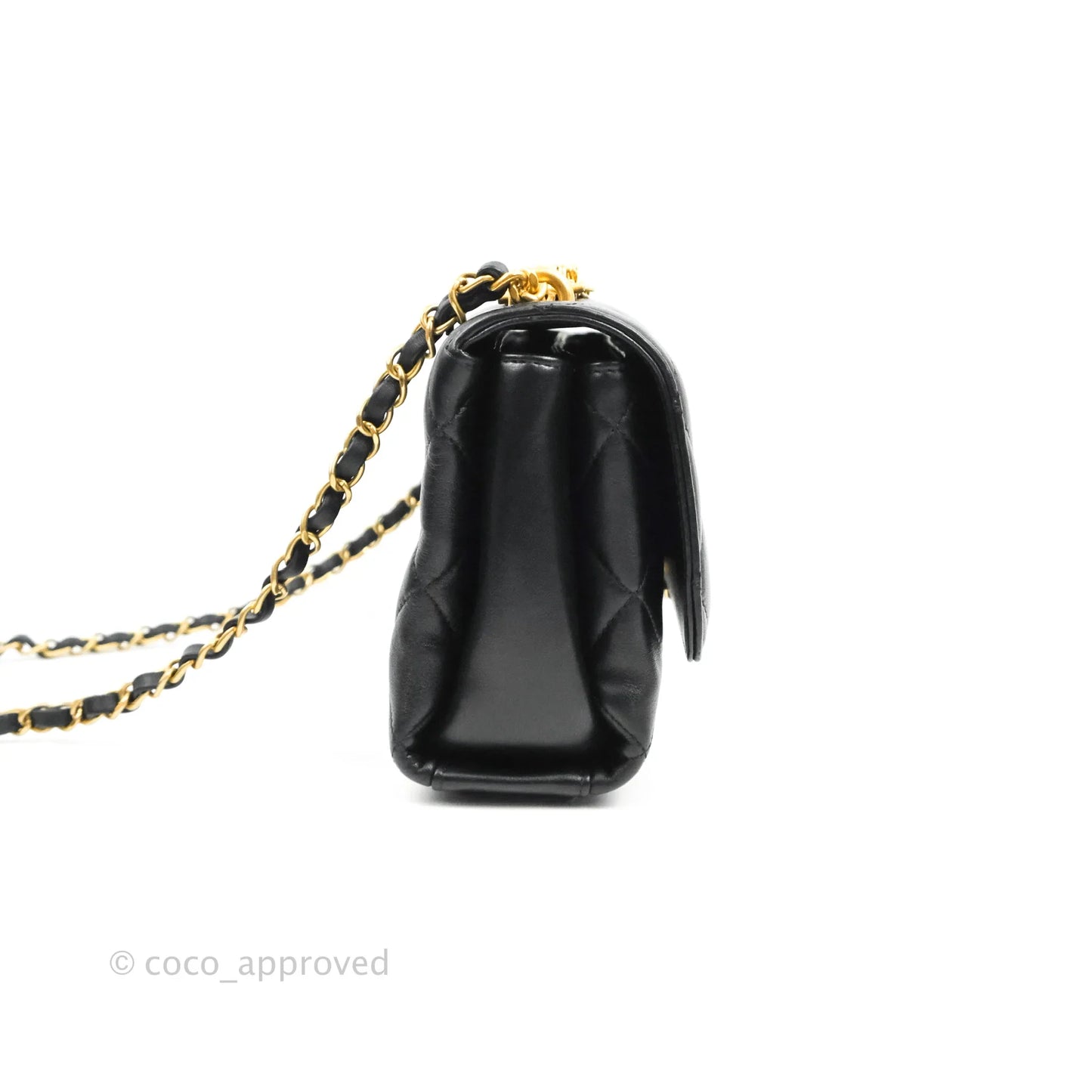 Chanel Quilted Small Flap Bag with CC Crystal Logo Handle Black Lambskin Aged Gold Hardware