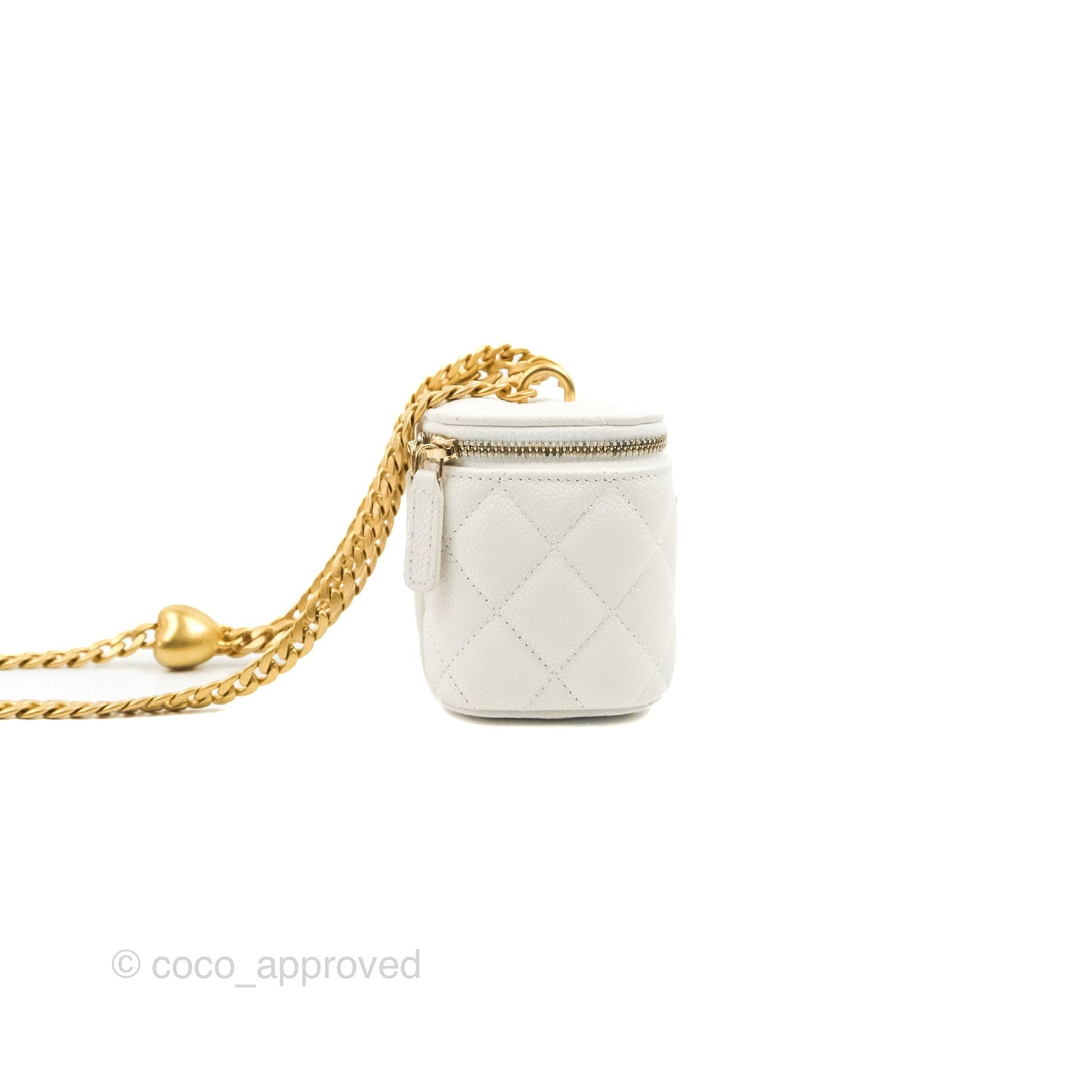 Chanel Quilted Heart Crush Mini Vanity With Chain White Caviar Aged Gold Hardware