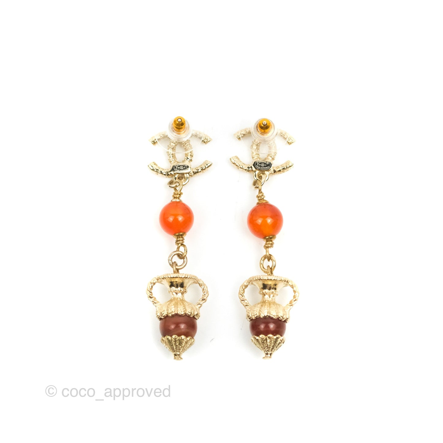 Chanel CC Orange Resin Long Drop Earrings Gold Tone 18C