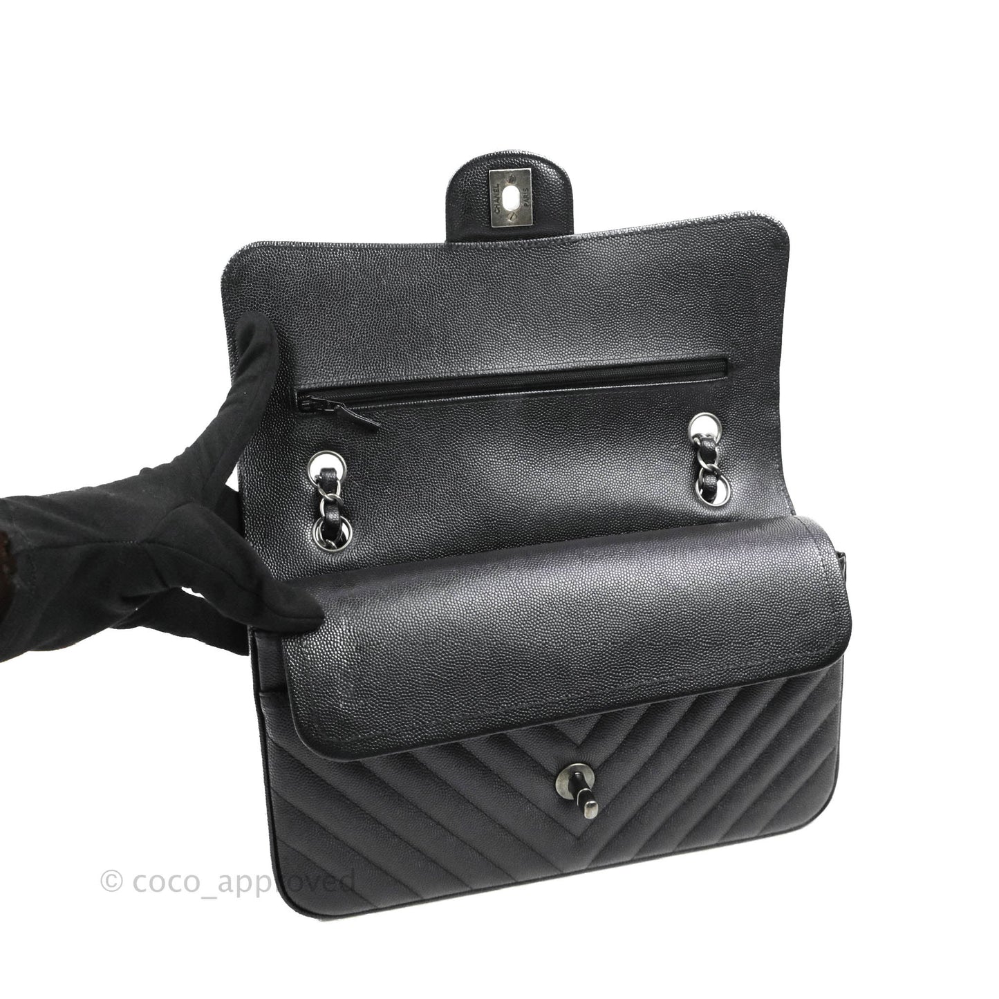Chanel Classic M/L Medium Chevron Double Flap Iridescent Black Caviar Ruthenium Hardware 17B